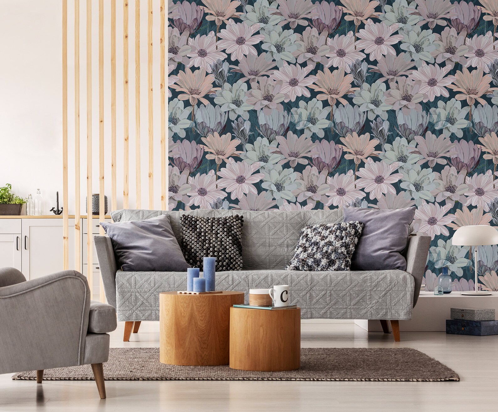 Blue and Pink Floral Meadow Wallpaper || Peel and Stick Floral Wall ...