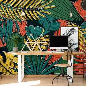 Carta da parati colorata con foglie tropicali, decorazione autoadesiva, stacca e incolla