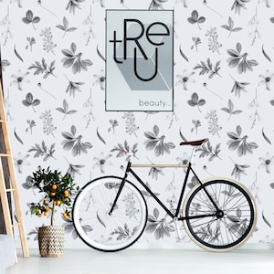 Black and white flowers and leaves pattern wallpaper || self adhesive, peel and stick wall mural