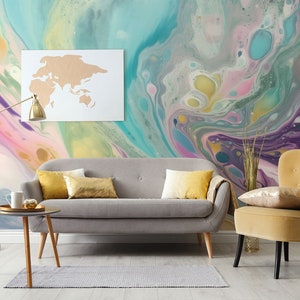 Rainbow Abstract Marbled Wallpaper, Fluid Pattern, Colorful Abstraction • Peel and Stick *self adhesive* or Non-Pasted Vinyl Materials •