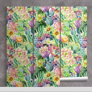 May include: A watercolor print featuring a seamless pattern of colorful cacti and succulents. The print features a variety of green, pink, yellow, and purple hues.