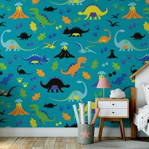 Blue wallpaper with dinosaur pattern || For Kids, self adhesive, peel and stick wall mural
