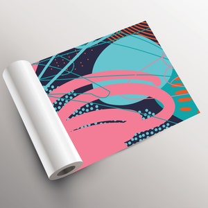 May include: A rolled up print featuring a colorful abstract design with pink, blue, teal, and orange shapes on a dark blue background.