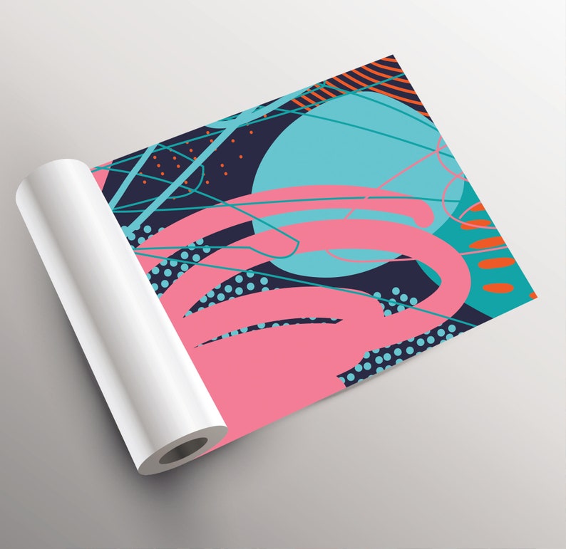 May include: A rolled up print featuring a colorful abstract design with pink, blue, teal, and orange shapes on a dark blue background.
