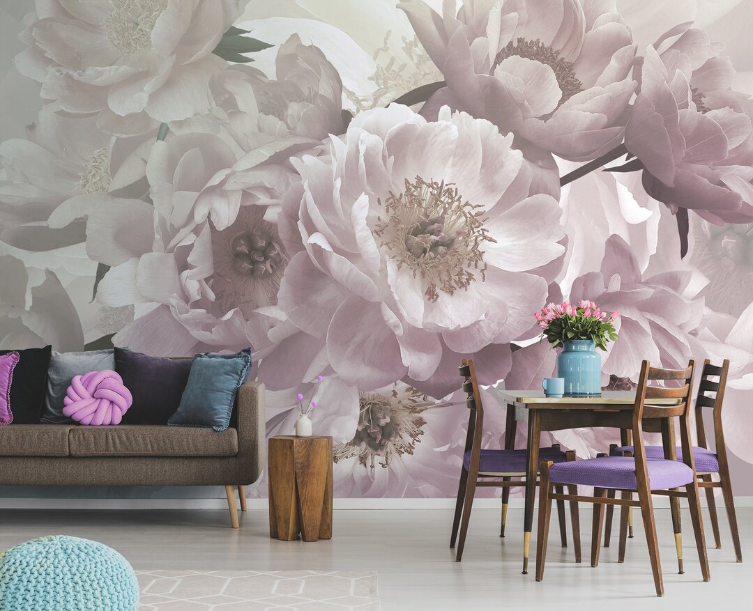 Pale Pink Wallpaper With Peony Flowers || Peel and Stick Floral Wall ...