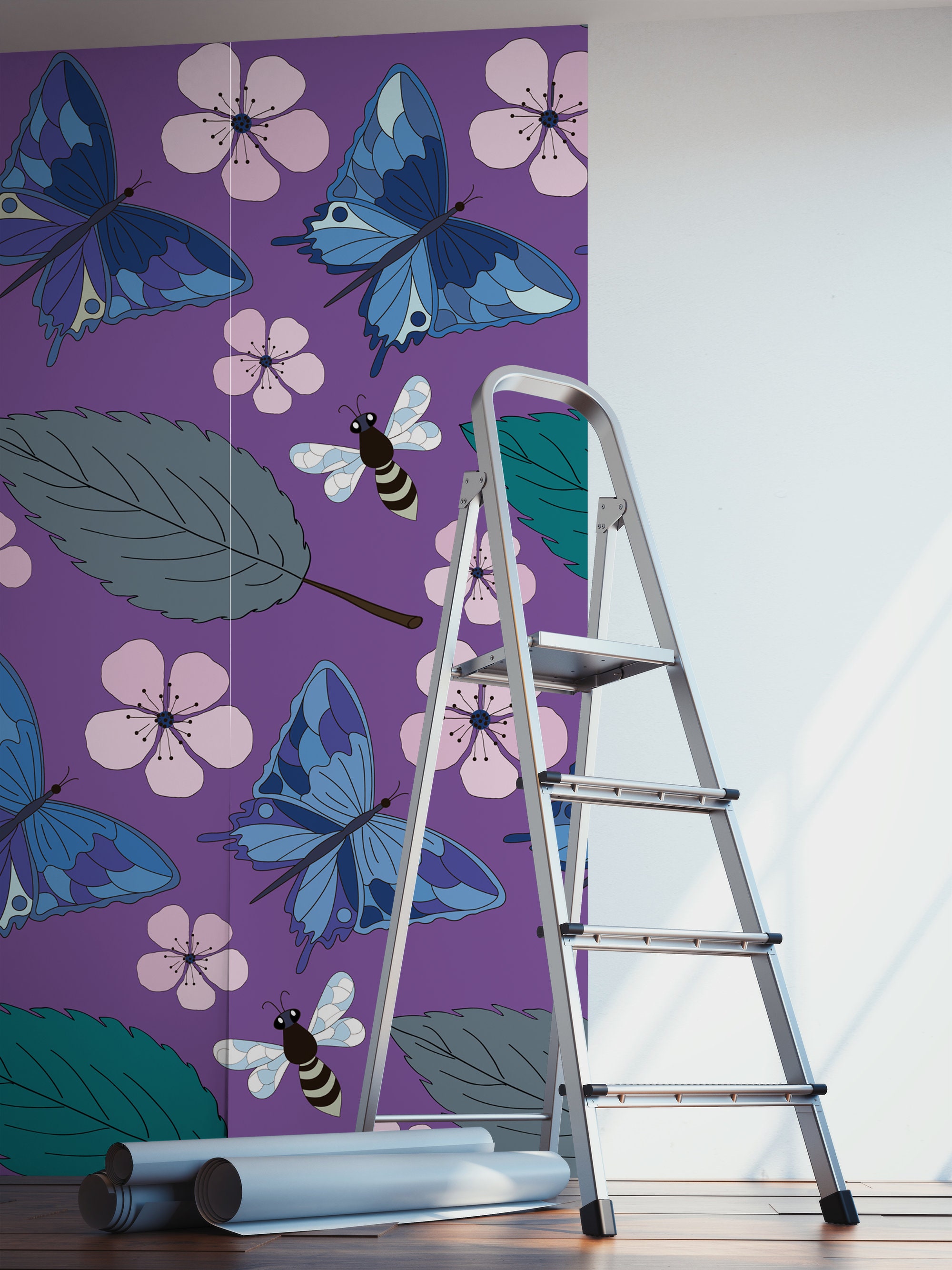 Purple Wallpaper With Butterflies Bees Cherry Flowers and - Etsy