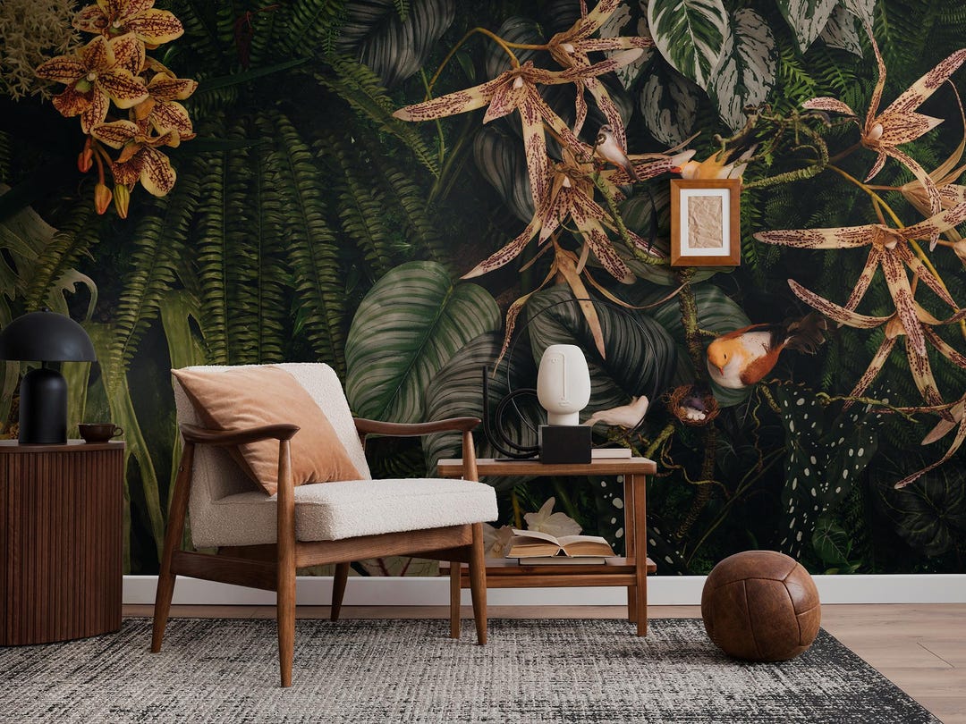 Dark Botanical Wallpaper, Leaves Wall Mural, Dark Floral Wall Art Mural ...