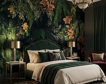 Dark Floral Wall Art Mural, Dark Botanical Wallpaper, Leaves Wall Mural • Peel and Stick Self Adhesive or Traditional Vinyl •