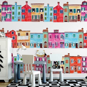 Watercolor tenements wallpaper || For Kids, self adhesive, peel and stick wall mural