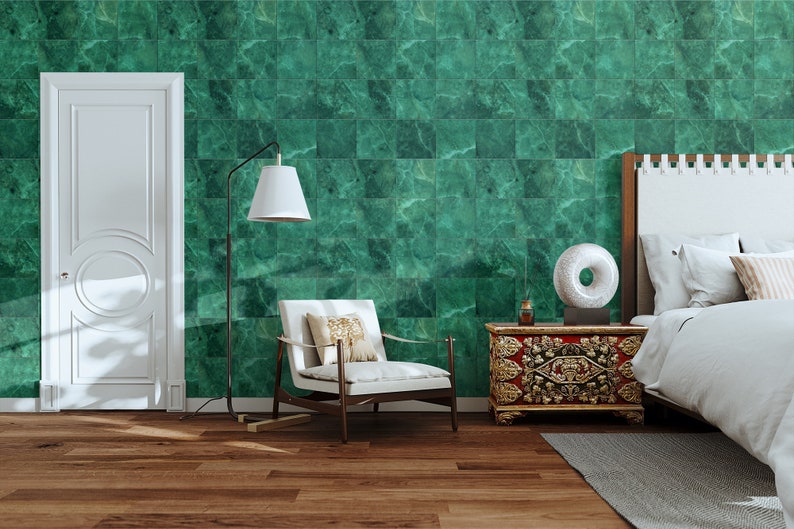 Emerald Green Marbled Tile Pattern Wallpaper Self Adhesive Etsy