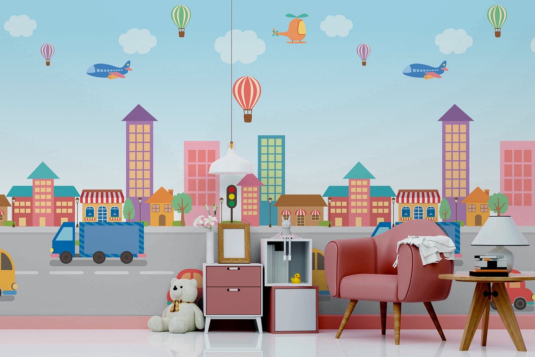Colorful Cartoon City Wallpaper for Kids, Self Adhesive, Peel and Stick