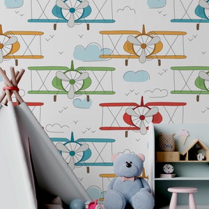 Wallpaper with colorful planes, For Kids, self adhesive, peel and stick wall mural