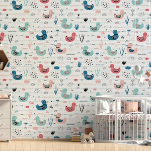 Papel pintado con patos rosas y azules || Para niños, mural de pared autoadhesivo, despegable y pegado.