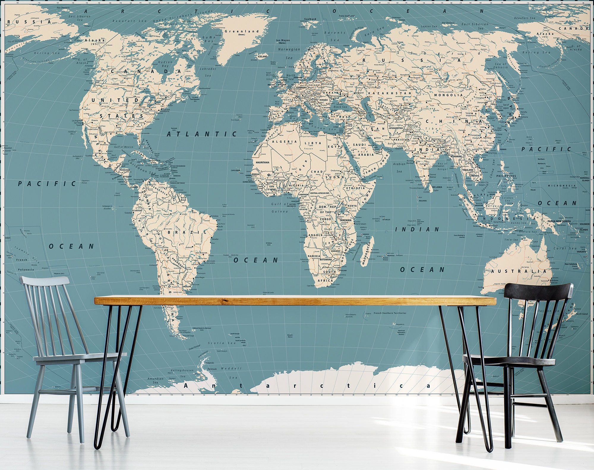 Blue and white world map wallpaper self adhesive peel and Etsy