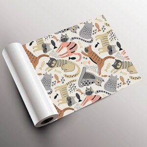 May include: A seamless pattern featuring a variety of colorful cats with different poses and expressions. The cats are surrounded by small fish and abstract shapes on a light beige background.