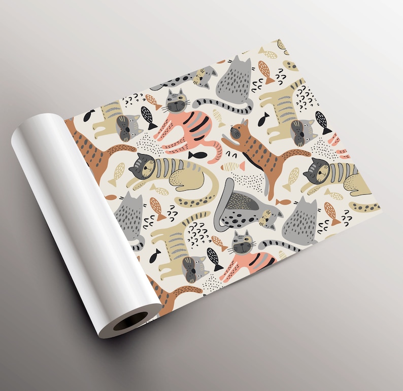 May include: A seamless pattern featuring a variety of colorful cats with different poses and expressions. The cats are surrounded by small fish and abstract shapes on a light beige background.