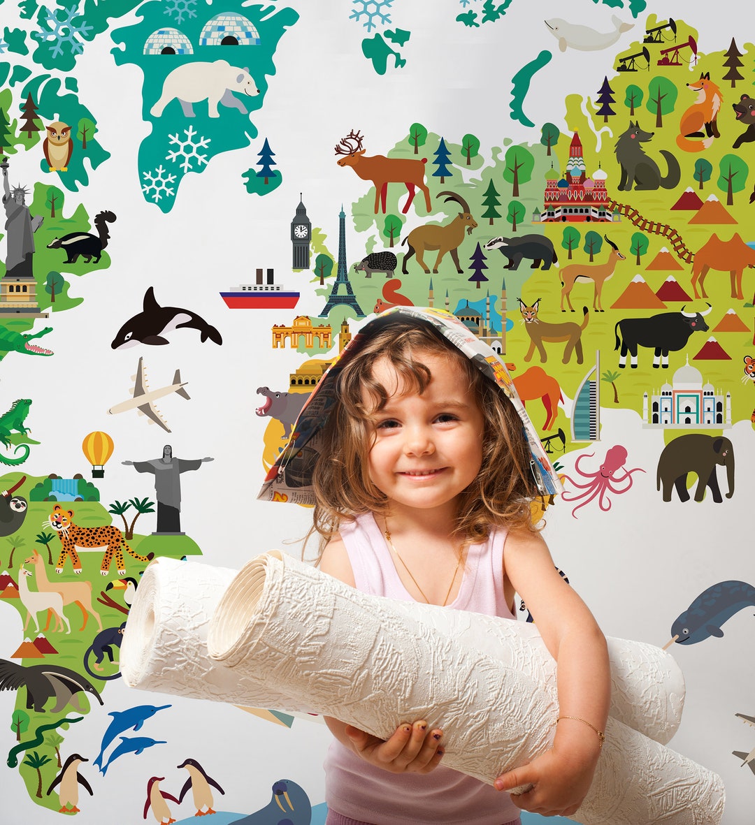 Kids World Map Wallpaper With Animals || for Kids, Self Adhesive, Peel ...