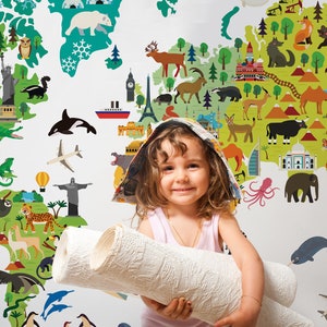 Weltkartentapete für Kinder mit Tieren || Für Kinder, selbstklebendes Wandgemälde zum Abziehen und Aufkleben