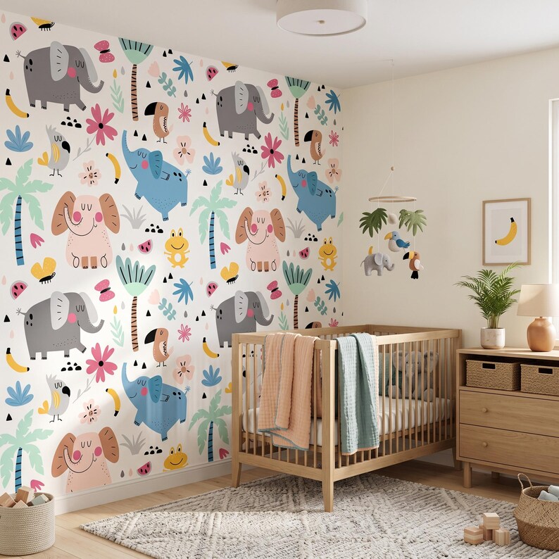 Papel pintado blanco con colorido estampado de animales tropicales, mural para habitación infantil, autoadhesivo o papel vinílico tradicional. imagen 1