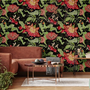 Black Wallpaper With Elegant Red and Green Floral Pattern - Etsy