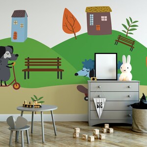 Cartoon wallpaper with dogs in the park || For Kids, self adhesive, peel and stick wall mural