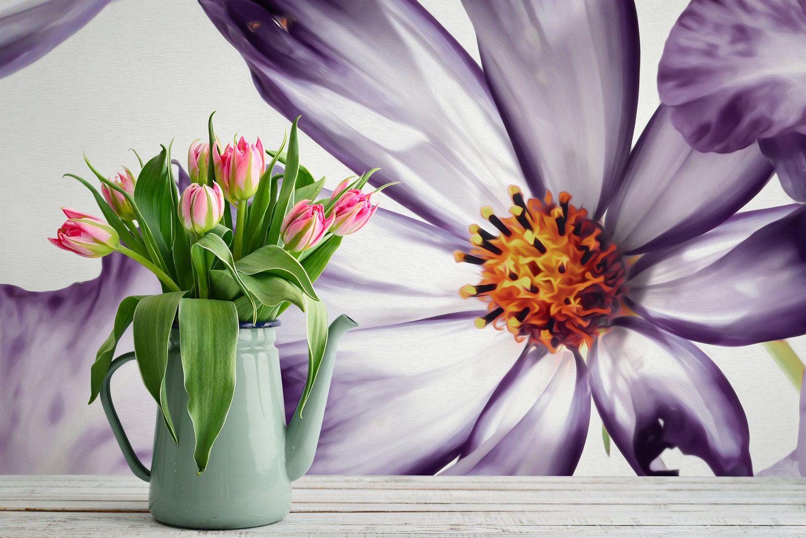 White Wallpaper With Purple Flowers Peel and Stick Floral Etsy