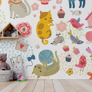 Colorful wallpaper with cat pattern || For Kids, self adhesive, peel and stick wall mural