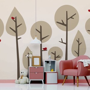 Papel pintado beige con bosque de dibujos animados y pájaros rojos, para niños, autoadhesivo, mural de pared de despegar y pegar