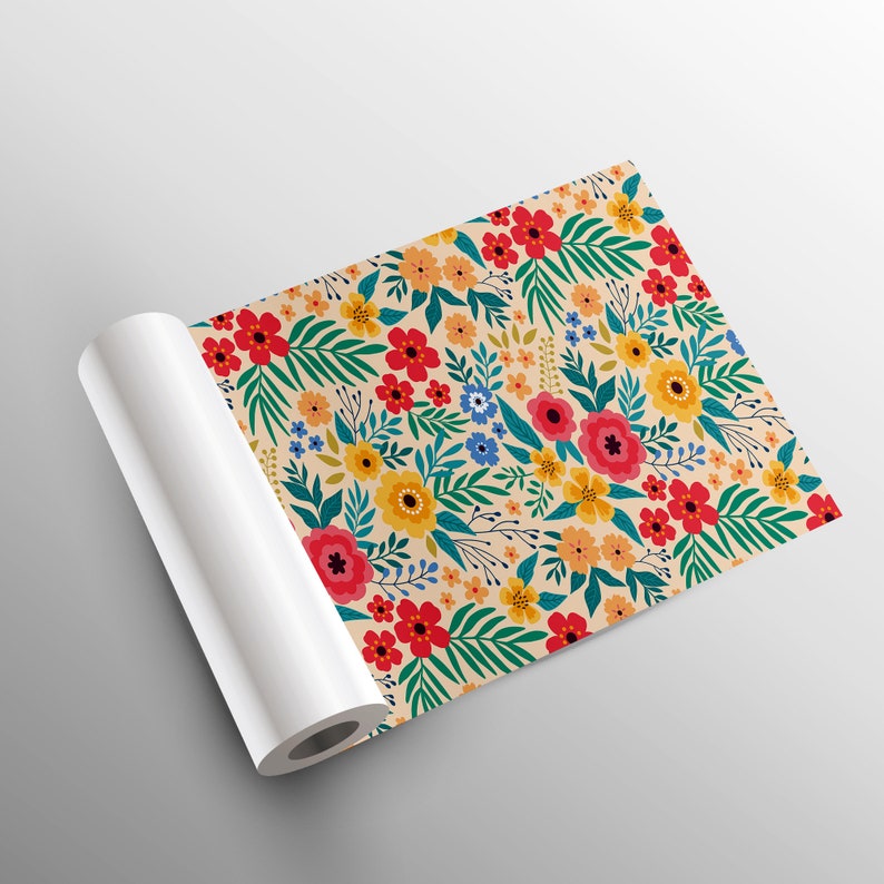 May include: A roll of wrapping paper with a floral pattern. The paper features a variety of red, yellow, blue, and green flowers on a cream background.