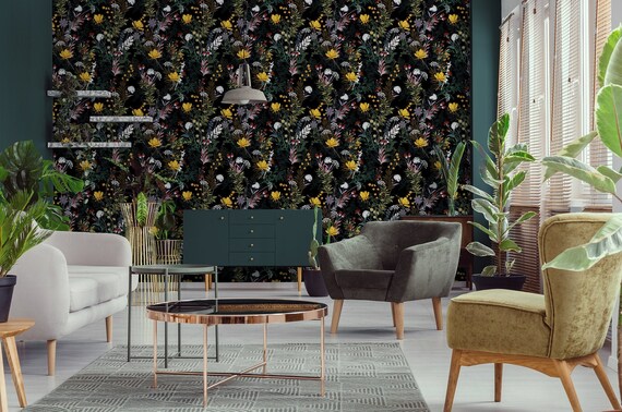 Black wallpaper with elegant colorful floral pattern, self adhesive, peel and stick floral wall mural