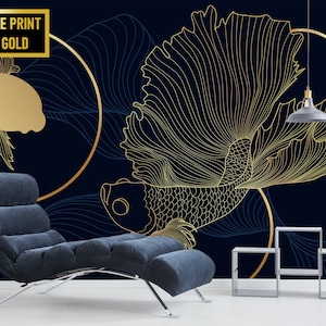 Dunkelmarinegelbe Koi-Fisch-Tapete, japanisches Art-Deco-Wandbild • Abziehen und Aufkleben *selbstklebend* oder nicht geklebte Vinylmaterialien •