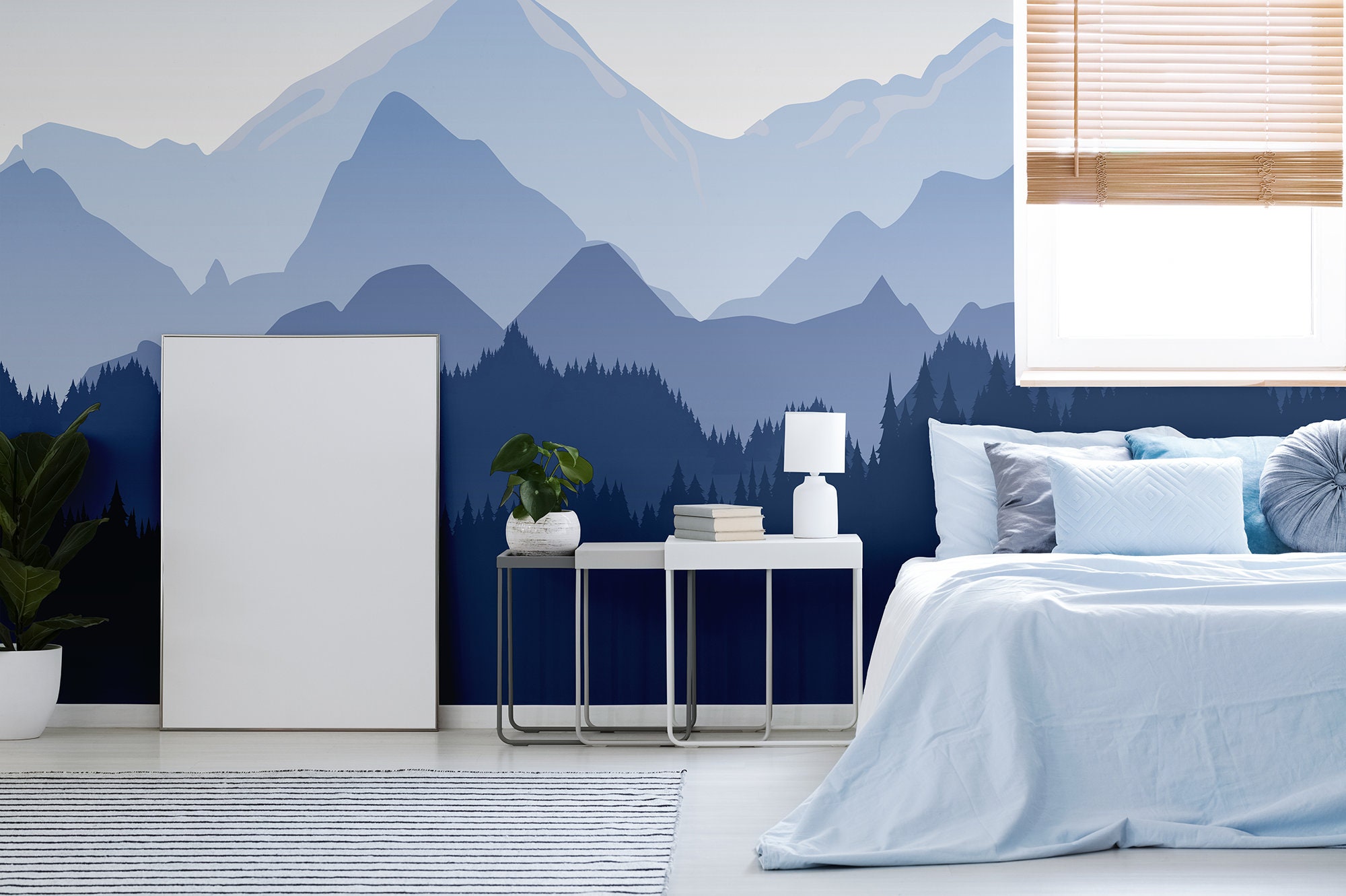 Blue Vector Wallpaper With Mountains and Conifer Forest Self - Etsy