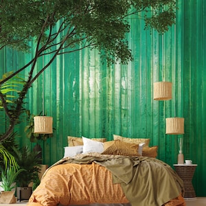 Thick green glass pattern wallpaper, emerald vertical lines motive || self adhesive, peel and stick wall mural