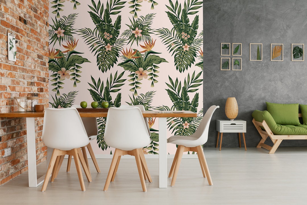 Hawaii Wallpaper With Tropical Leaves & Hibiscus, Self Adhesive, Peel
