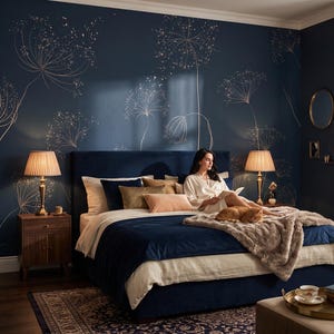 Dark Blue Art Deco Abstract Wallpaper with Wild Grass, Dark Botanical Wall Mural • Peel and Stick *self adhesive* or Traditional Vinyl •