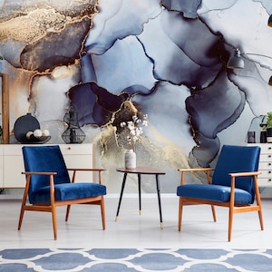 Blue, black and yellow matte marbled wallpaper || self adhesive, peel and stick wall mural