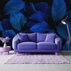 Blue tropical leaves photo wallpaper || self adhesive, peel and stick wall mural