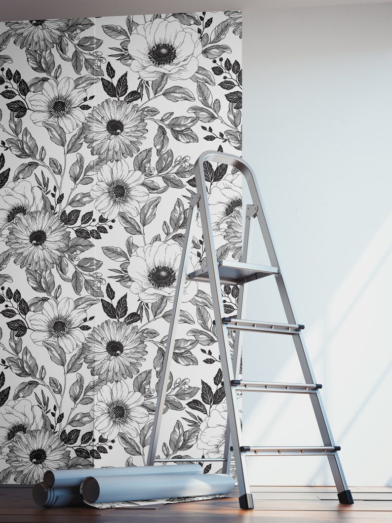 Black and white floral pattern wallpaper peel and stick | Etsy