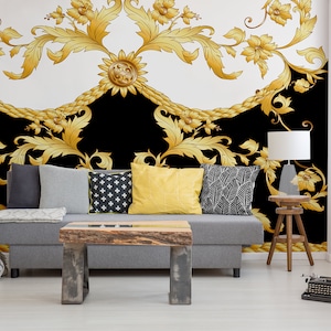 Black and white wallpaper with elegant yellow floral pattern, self adhesive, peel and stick wall mural
