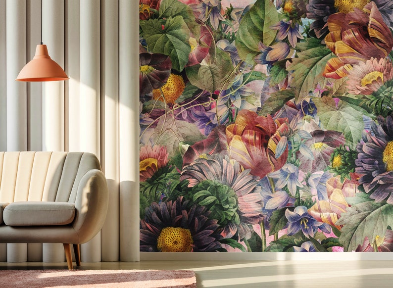 peel and stick wall mural Colorful vintage floral wallpaper with tulips