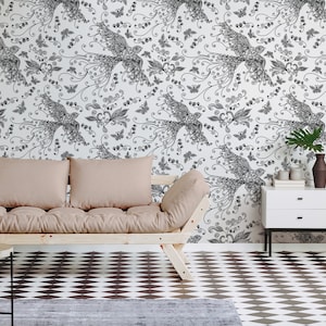 Elegant white and black wallpaper with bird pattern, self adhesive, peel and stick floral wall mural