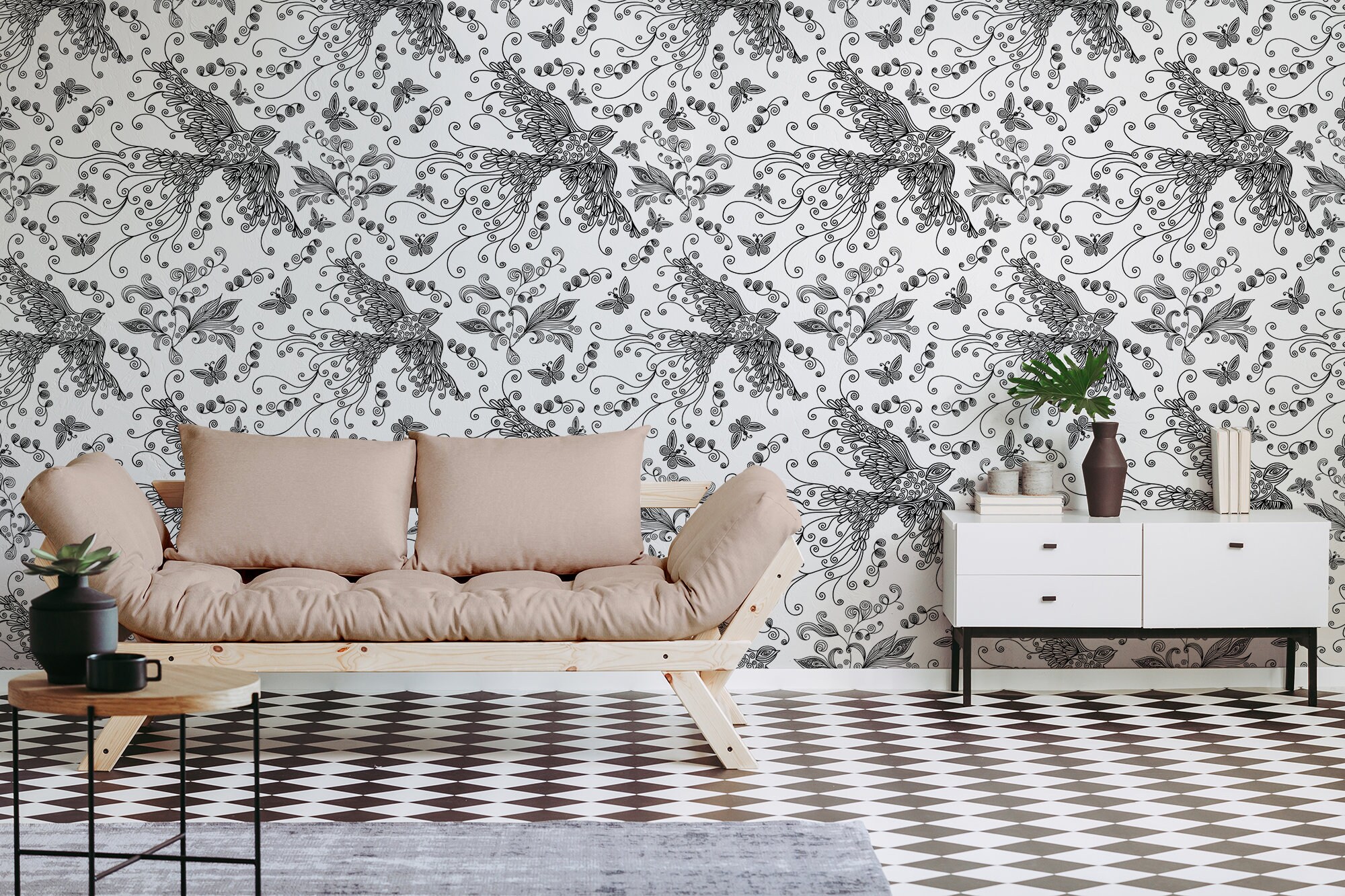 Elegant white and black wallpaper with bird pattern self | Etsy