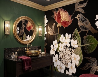 Dark wallpaper with peony, hydrangea and bird, botanical wall art, home decor, peel and stick *self adhesive* or traditional vinyl paper