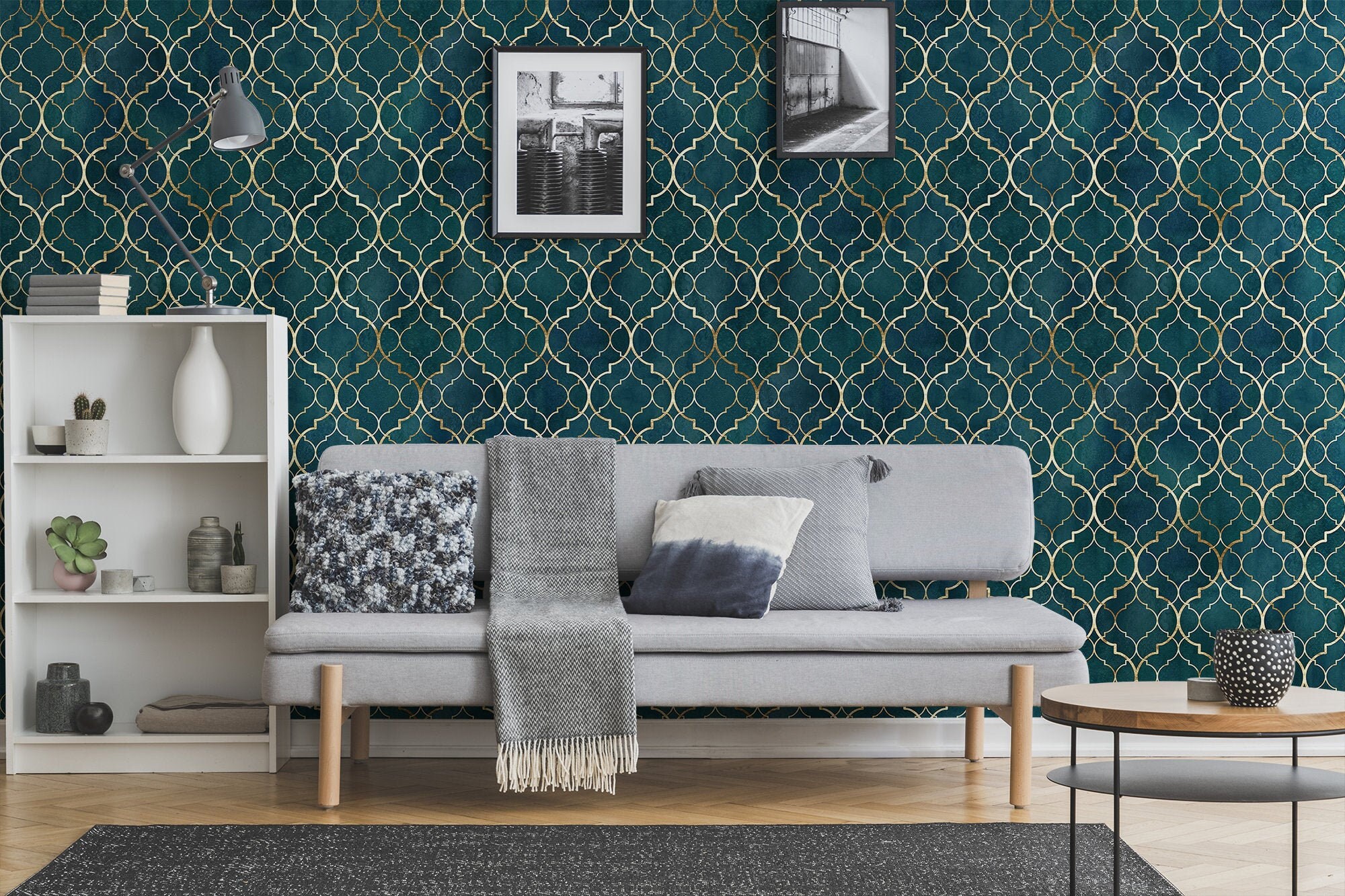 Dark teal and gold damask pattern wallpaper no shiny effects Etsy