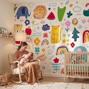 Scandinavian Baby Room Wallpaper, Animals & Rainbows, Nursery Wall Mural, Kids Art • Peel and Stick *self adhesive* or Traditional Vinyl • image 3