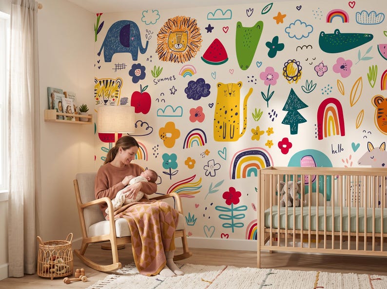 Scandinavian Baby Room Wallpaper, Animals & Rainbows, Nursery Wall Mural, Kids Art • Peel and Stick *self adhesive* or Traditional Vinyl • image 3