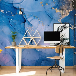Blue marble watercolor wallpaper, non gold abstract wall mural || self adhesive, peel and stick wall mural