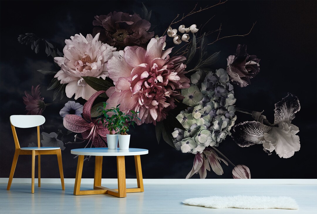 Bouquet Wallpaper With Peonies, Hydrangea and Tulip, Self Adhesive