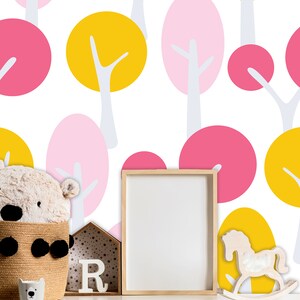Wallpaper with pink and yellow trees, For Kids, self adhesive, peel and stick wall mural
