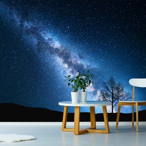 Blue wallpaper with tree and Milky Way galaxy, self adhesive, peel and stick wall mural